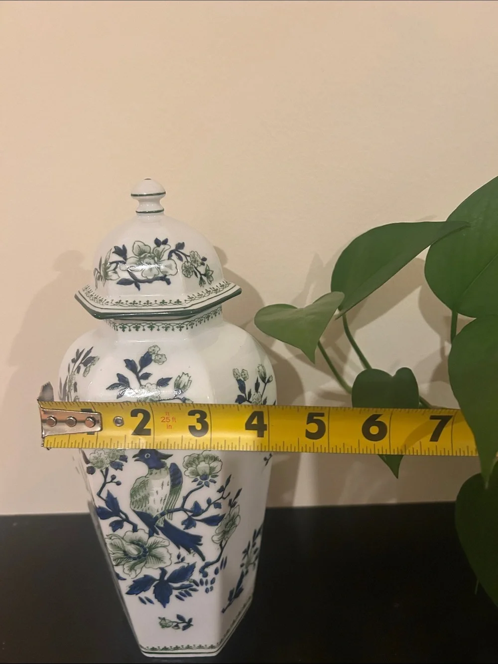 White Porcelain Vase/ ginger jar with Blue and Green Bird Motif.